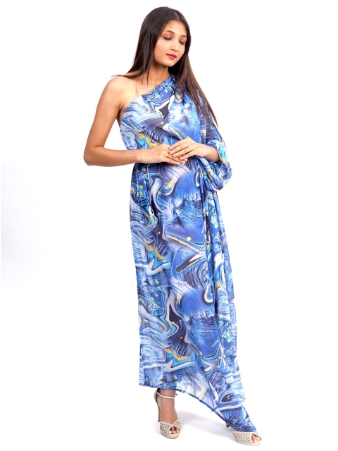 

Rajoria Instyle Blue And White Digital Print One Shoulder Georgette Maxi Dress