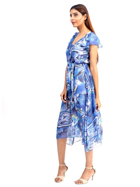 

Rajoria Instyle Blue Floral Georgette Ethnic A-Line Dress