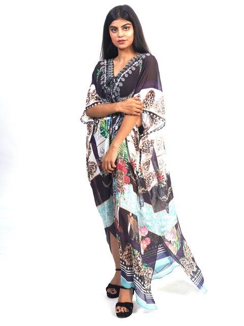 

Rajoria Instyle White & Blue Georgette Ethnic Kaftan Maxi Dress