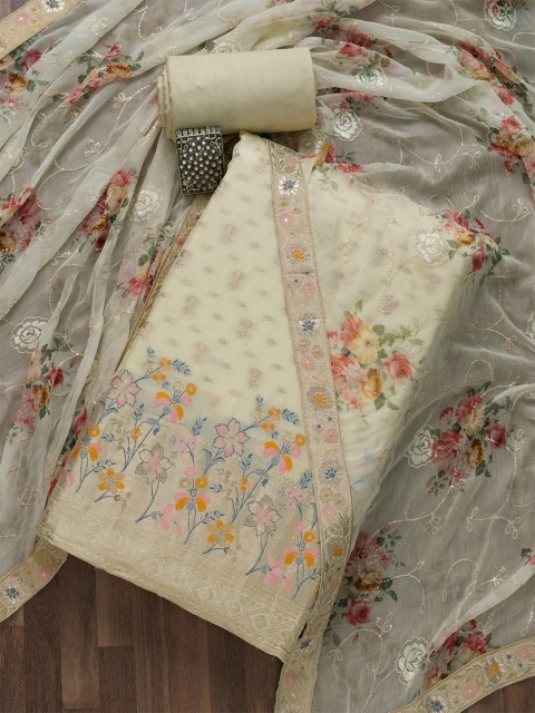 

Koskii Cream-Coloured & Gold-Toned Art Silk Unstitched Dress Material