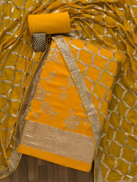 

Koskii Yellow & Silver-Toned Embellished Satin Unstitched Dress Material
