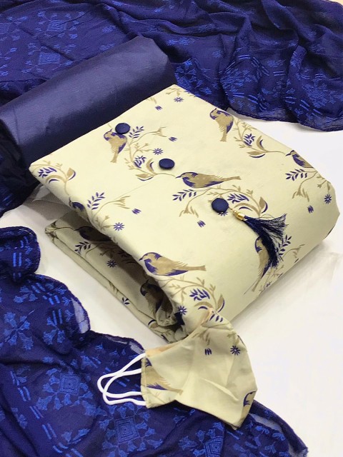 

MORLY Beige & Blue Printed Unstitched Dress Material