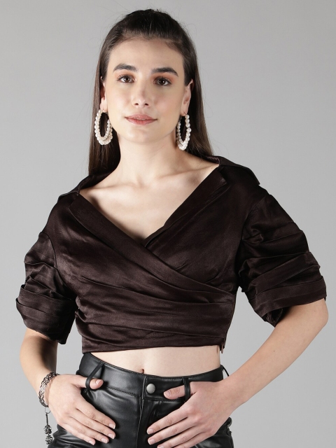 

SHABERRY Women Brown Wrap Crop Top