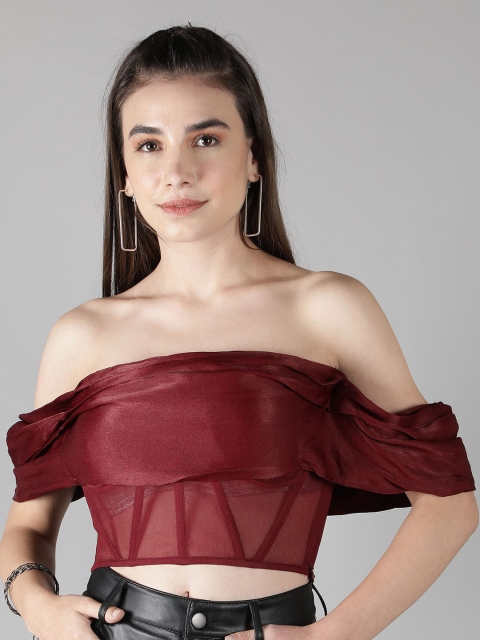 

SHABERRY Maroon Off-Shoulder Georgette Bardot Crop Top