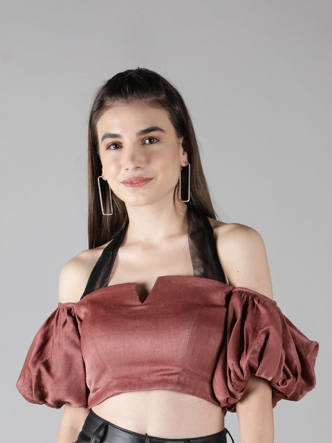 

SHABERRY Women Mauve Off-Shoulder Satin Bardot Crop Top