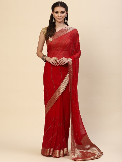 

Meena Bazaar Red & Gold-Toned Woven Design Embellished Zari Saree