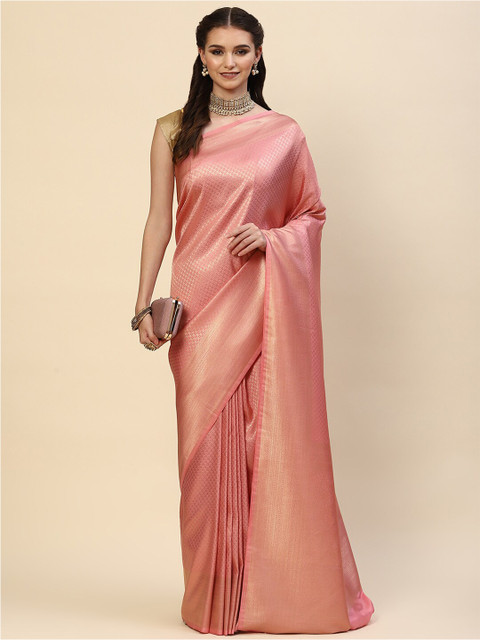 

Meena Bazaar Pink & Gold-Toned Woven Design Zari Art Silk Saree