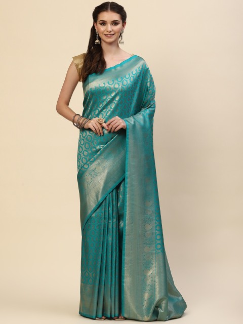 

Meena Bazaar Blue & Gold-Toned Woven Design Zari Art Silk Saree