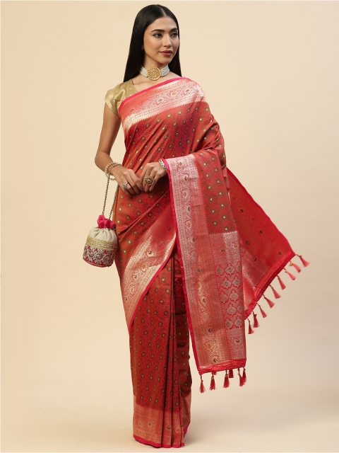 

Meena Bazaar Orange & Gold-Toned Floral Zari Art Silk Banarasi Saree
