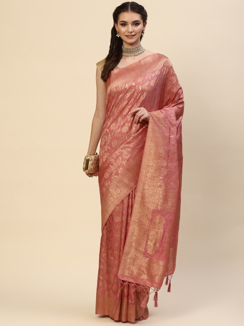 

Meena Bazaar Pink & Gold-Toned Paisley Zari Art Silk Saree