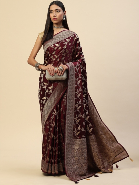 

Meena Bazaar Burgundy & Gold-Toned Floral Zari Satin Saree