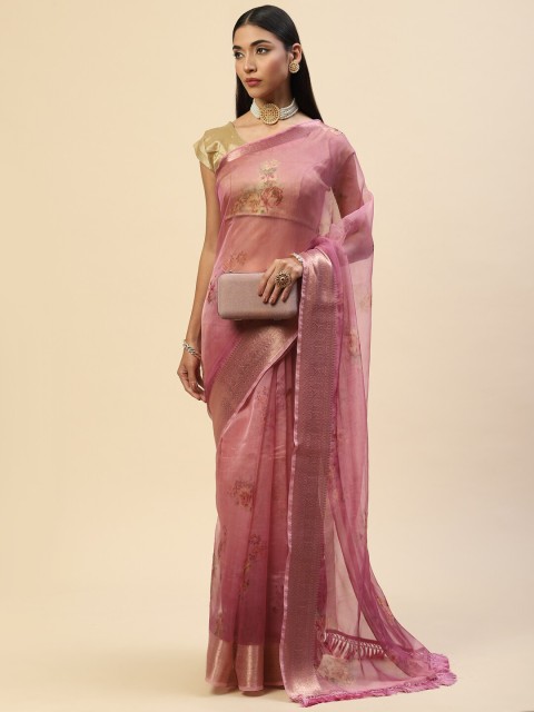 

Meena Bazaar Pink & Gold-Toned Floral Zari Organza Saree
