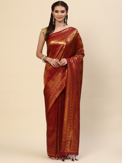 

Meena Bazaar Burgundy & Gold-Toned Paisley Woven Design Zari Saree