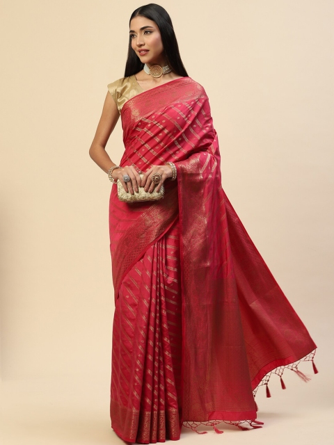 

Meena Bazaar Pink & Gold-Toned Woven Design Zari Art Silk Saree