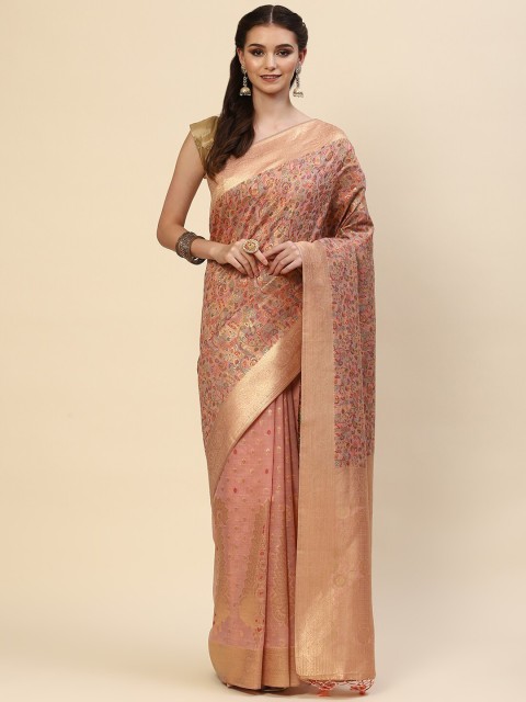 

Meena Bazaar Peach-Coloured & Gold-Toned Floral Zari Art Silk Saree