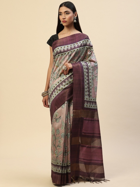 

Meena Bazaar Pink & Grey Floral Zari Tussar Saree