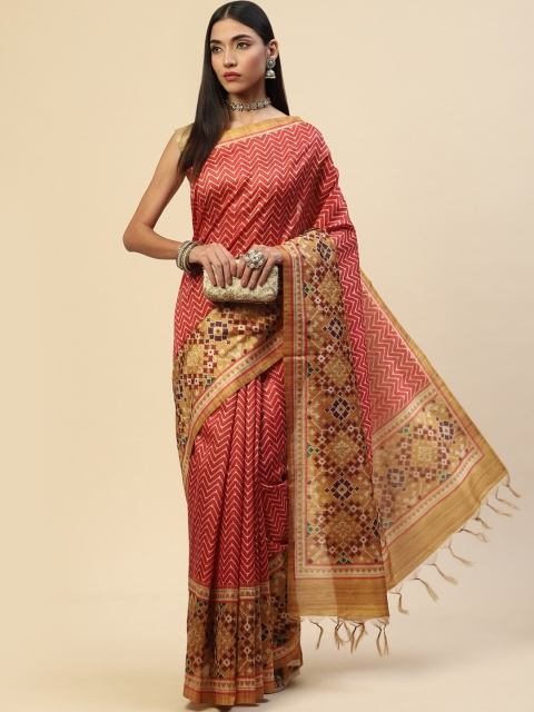 

Meena Bazaar Red & Mustard Printed Tussar Saree