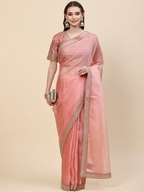 

Meena Bazaar Pink & Gold-Toned Embroidered Organza Saree