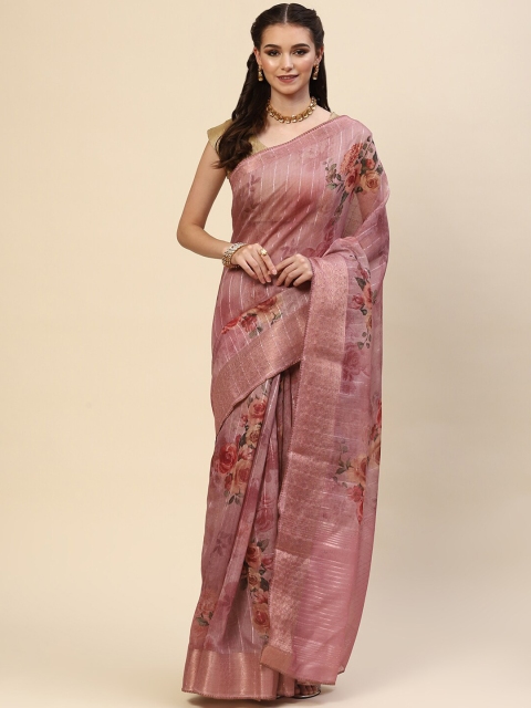 

Meena Bazaar Pink & Gold-Toned Floral Printed Zari Saree