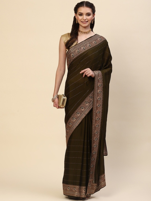 

Meena Bazaar Olive Green & Gold-Toned Embellished Georgette Zari Saree