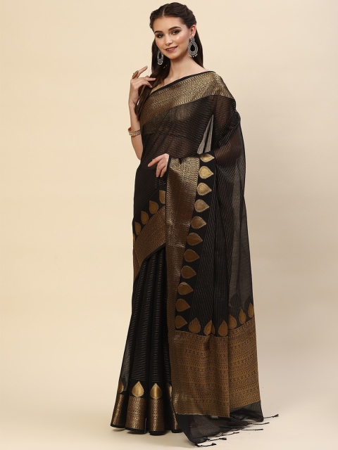 

Meena Bazaar Black & Gold-Toned Woven Design Zari Saree