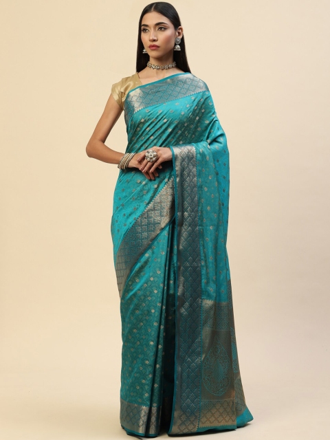 

Meena Bazaar Blue & Gold-Toned Woven Design Zari Art Silk Saree
