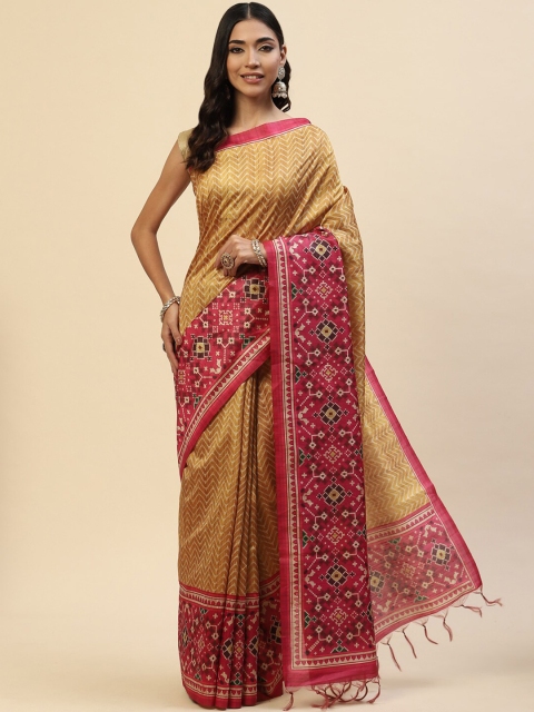 

Meena Bazaar Mustard & Pink Art Silk Tussar Saree