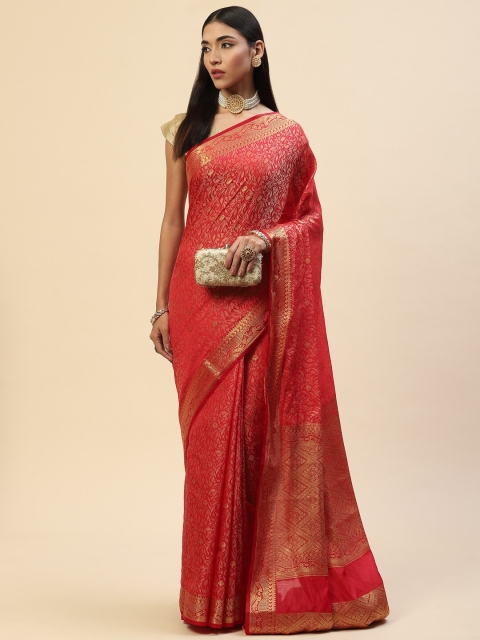 

Meena Bazaar Pink & Gold-Toned Woven Design Zari Art Silk Saree