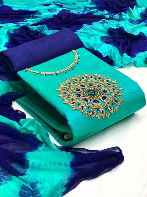 

MORLY Turquoise Blue & Gold-Toned Embellished Unstitched Dress Material