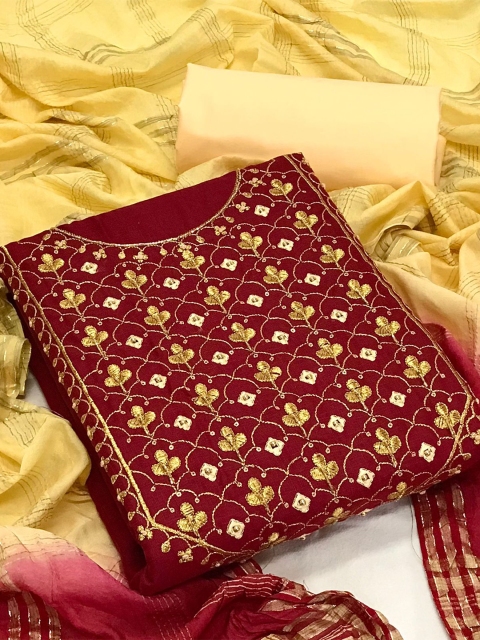 

MORLY Maroon & Yellow Embroidered Unstitched Dress Material
