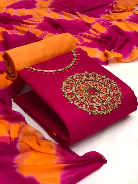 

MORLY Pink & Orange Embellished Unstitched Dress Material