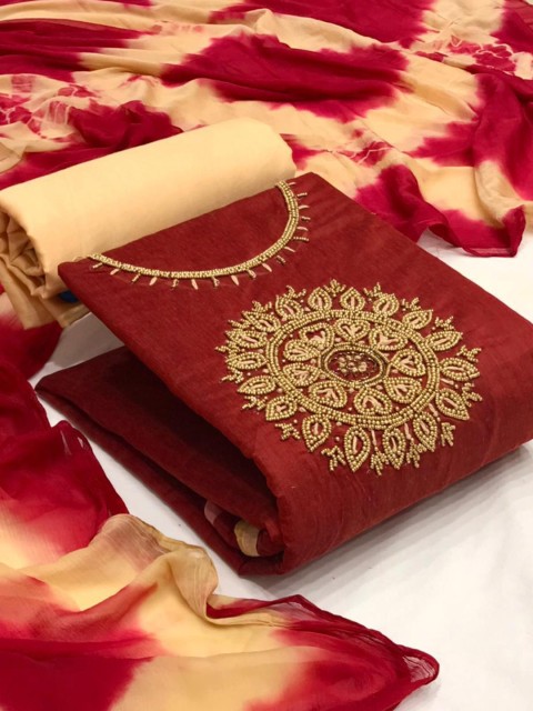

MORLY Maroon & Gold-Toned Embellished Unstitched Dress Material