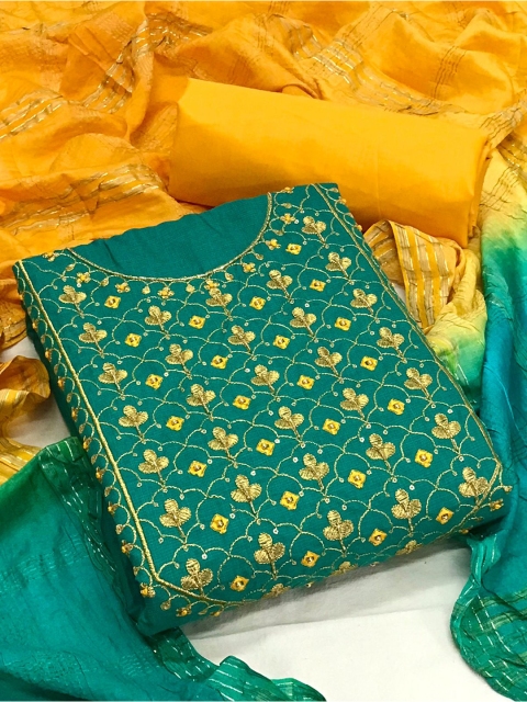 

MORLY Turquoise Blue & Gold-Toned Embroidered Unstitched Dress Material