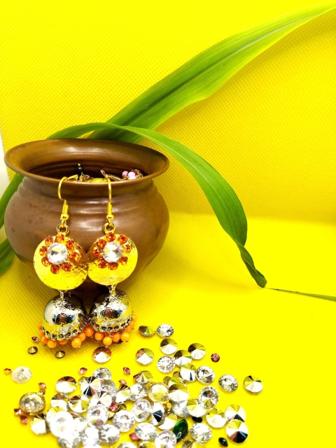 

Kshitij Jewels Orange & Silver-Plated Dome Shaped Jhumkas Earrings