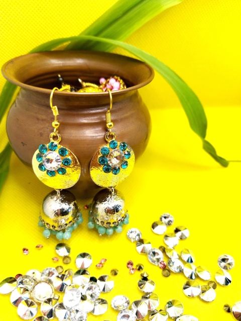 

Kshitij Jewels Turquoise Blue & Silver-Plated Dome Shaped Jhumkas Earrings