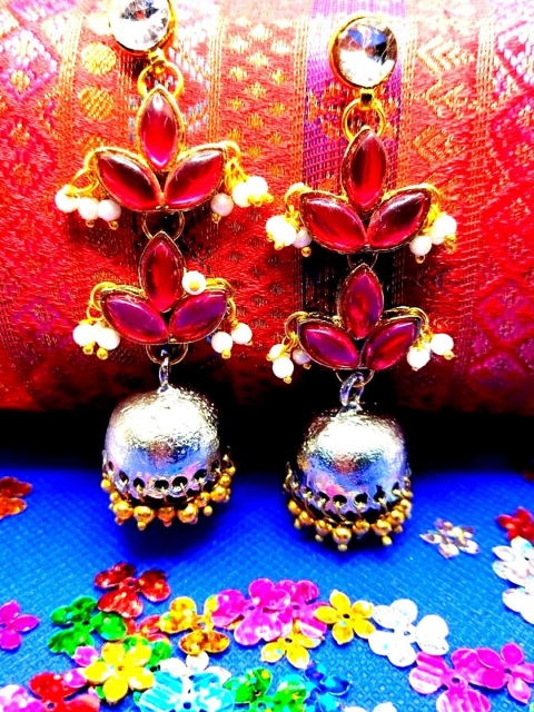 

Kshitij Jewels Magenta & Silver-Plated Dome Shaped Jhumkas Earrings