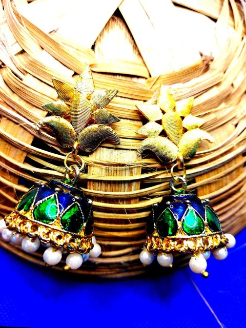 

Kshitij Jewels Gold-Plated & Blue Dome Shaped Jhumkas Earrings