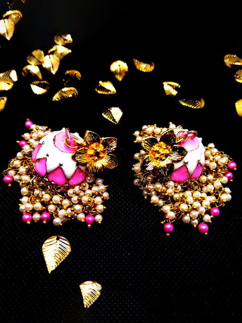

Kshitij Jewels Pink & Gold-Toned Contemporary Jhumkas Earrings