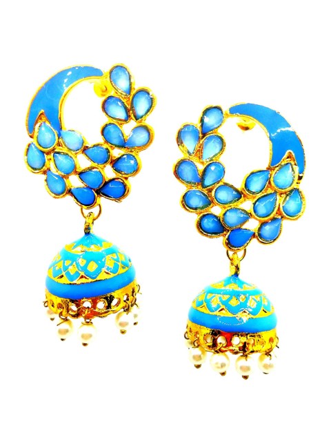 

Kshitij Jewels Blue & Gold-Toned Peacock Shaped Jhumkas Earrings
