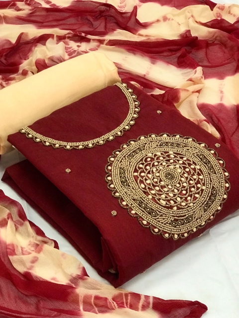 

MORLY Women Maroon & Beige Embroidered Unstitched Dress Material