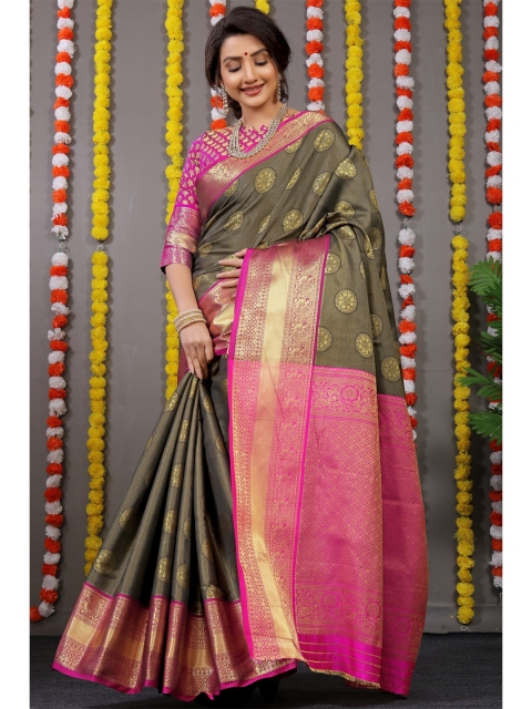 

Anaita Olive Green & Pink Woven Design Zari Pure Silk Banarasi Saree