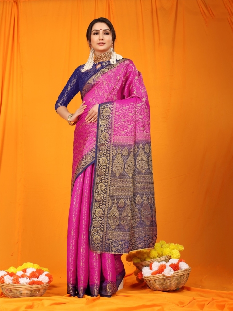 

Anaita Pink & Navy Blue Woven Design Zari Pure Silk Banarasi Saree