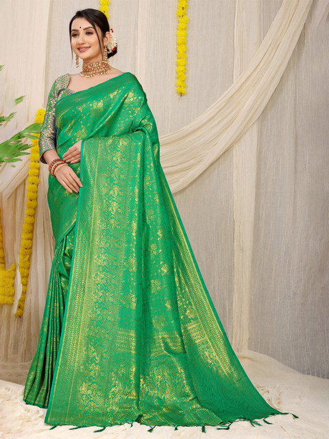 

Anaita Green & Gold-Toned Ethnic Motifs Zari Pure Silk Banarasi Saree