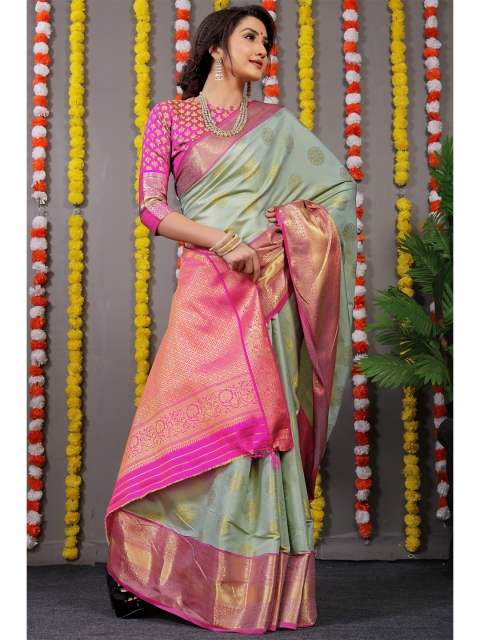 

Anaita Turquoise Blue & Pink Woven Design Zari Pure Silk Banarasi Saree