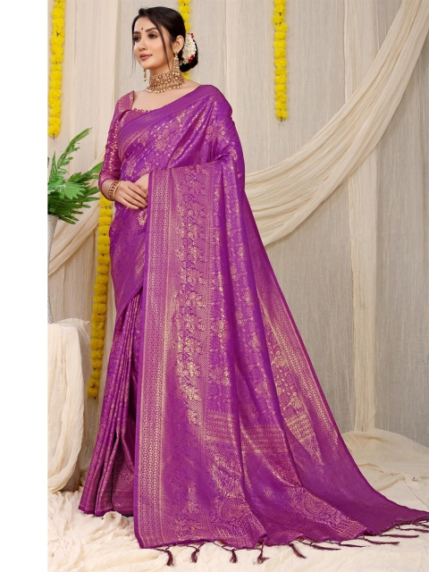 

Anaita Purple & Gold-Toned Floral Zari Pure Silk Banarasi Saree