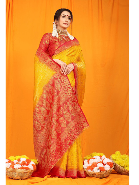 

Anaita Yellow & Red Woven Design Zari Pure Silk Banarasi Saree