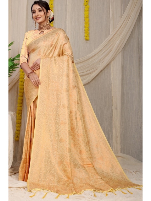 

Anaita Cream-Coloured & Gold-Toned Floral Zari Pure Silk Banarasi Saree