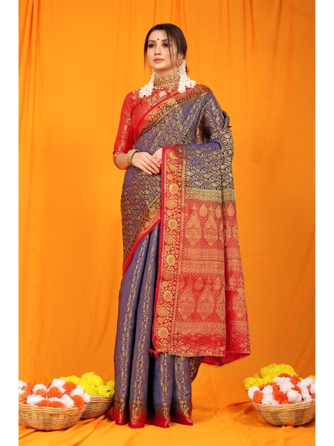 

Anaita Navy Blue & Red Paisley Zari Pure Silk Banarasi Saree