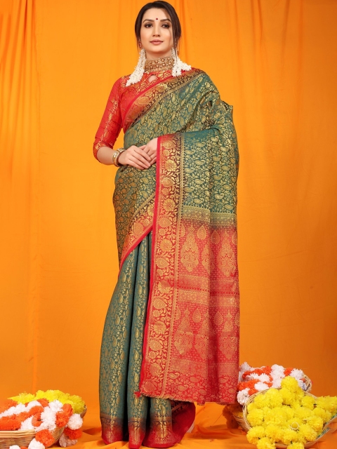 

Anaita Green & Red Ethnic Motifs Zari Pure Silk Banarasi Saree