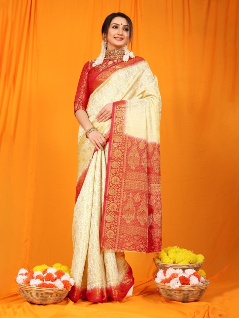 

Anaita Cream-Coloured & Red Paisley Zari Pure Silk Banarasi Saree